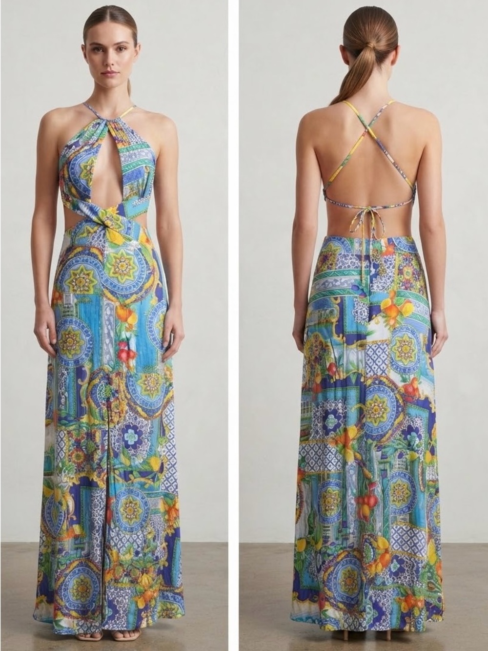 Luli Fama Blue Mosaic Halter Maxi Dress with Citrus Accents